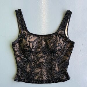 Elegant Black Glass Beaded Embroidered Tank Top size Small